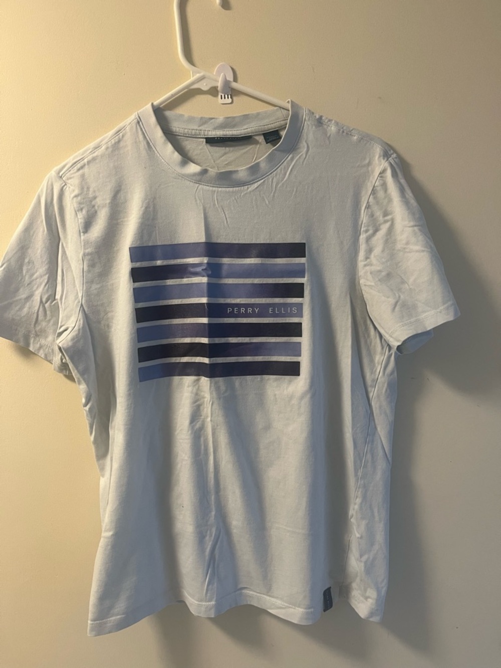 Perry Ellis Light Blue Short Sleeve Graphic Tee with Navy Stripes